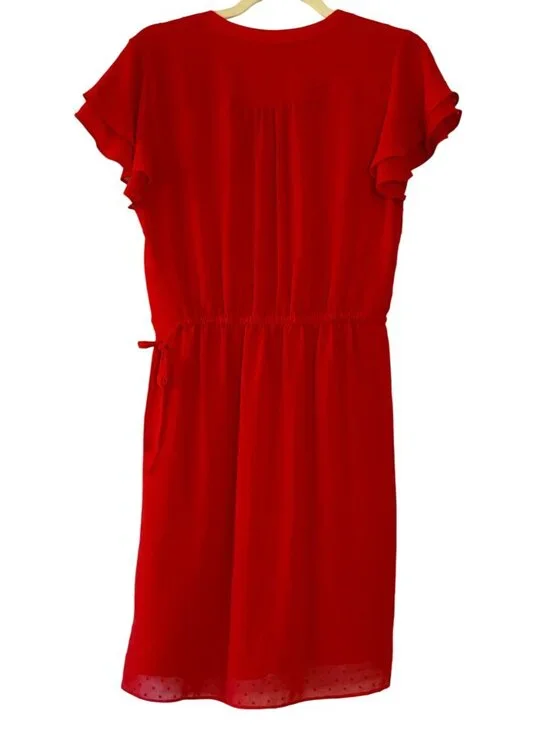 HM Red Swiss Dot Flutter Sleeve Dress Size 8 Fit and Flare Lined Mini Midi - Picture 6 of 10